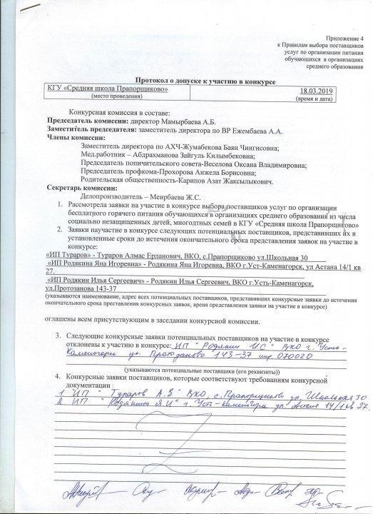 Протокол о допуске к участию по конкурсу "Питание"